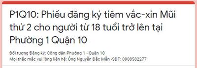 Image: Phiếu đăng ký tiêm vắc-xin Mũi thứ 2 cho người từ 18 tuổi trở lên tại Phường 1 Quận 10
