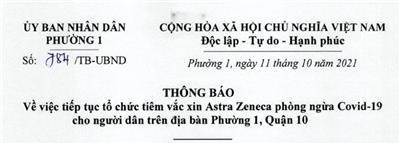 Image: ỦY BAN NHÂN DÂN PHƯỜNG 1, QUẬN 10 THÔNG BÁO: Về việc tiếp tục tổ chức tiêm vắc-xin Astra Zeneca phòng ngừa Covid-19 cho người dân trên địa bàn Phường 1 - Quận 10